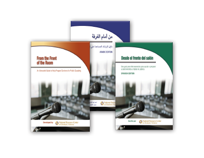 From the Front of the Room: An Advocate's Guide covers for English, Spanish & Arabic  versions