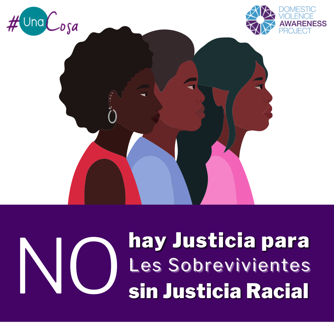 the words No Survivor Justice without Racial Justice in spanish overtop an illistration of three black females