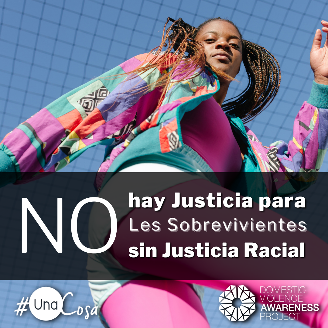 No Survivor Justice without Racial Justice text in spanish overtop of an image of a young woman jogging