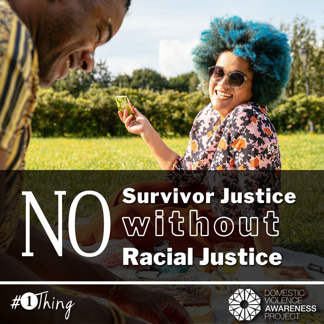 ​  No Survivor Justice without Racial Justice text overtop of an image of a couple laughing and having a picnic
