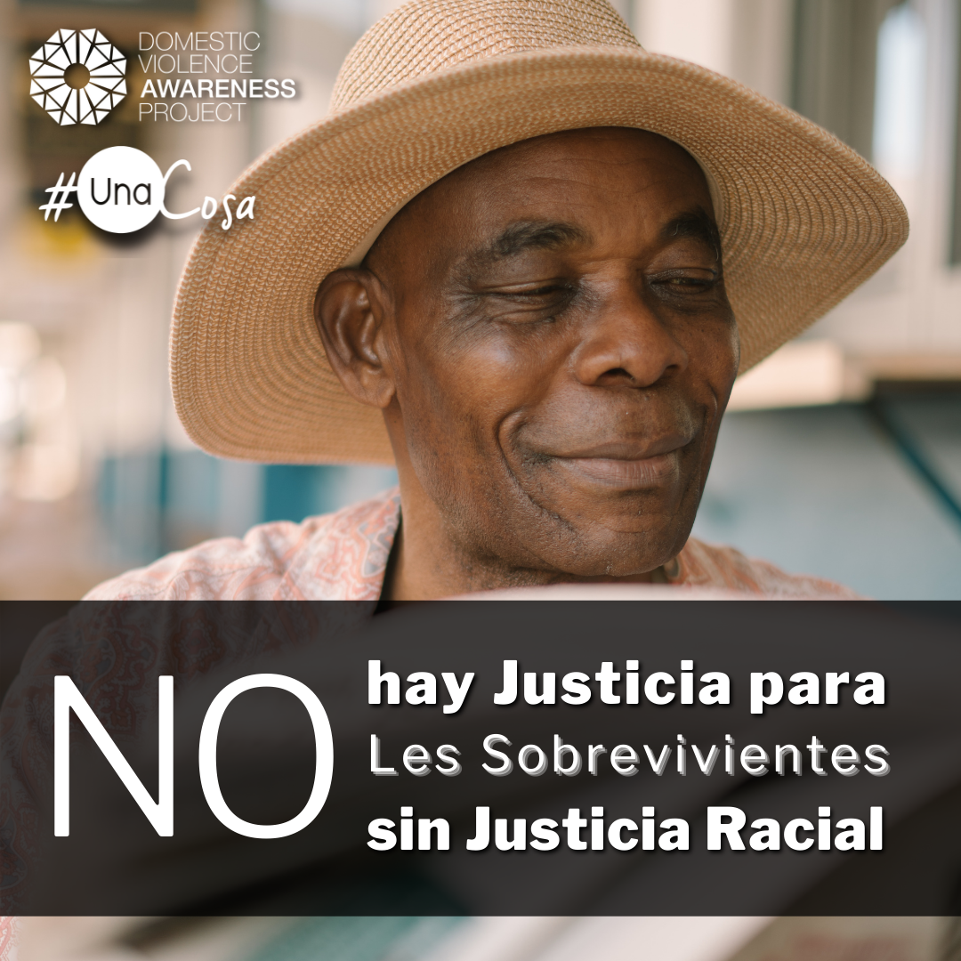 ​  No Survivor Justice without Racial Justice text in spanish overtop of an image of a man reading a news paper