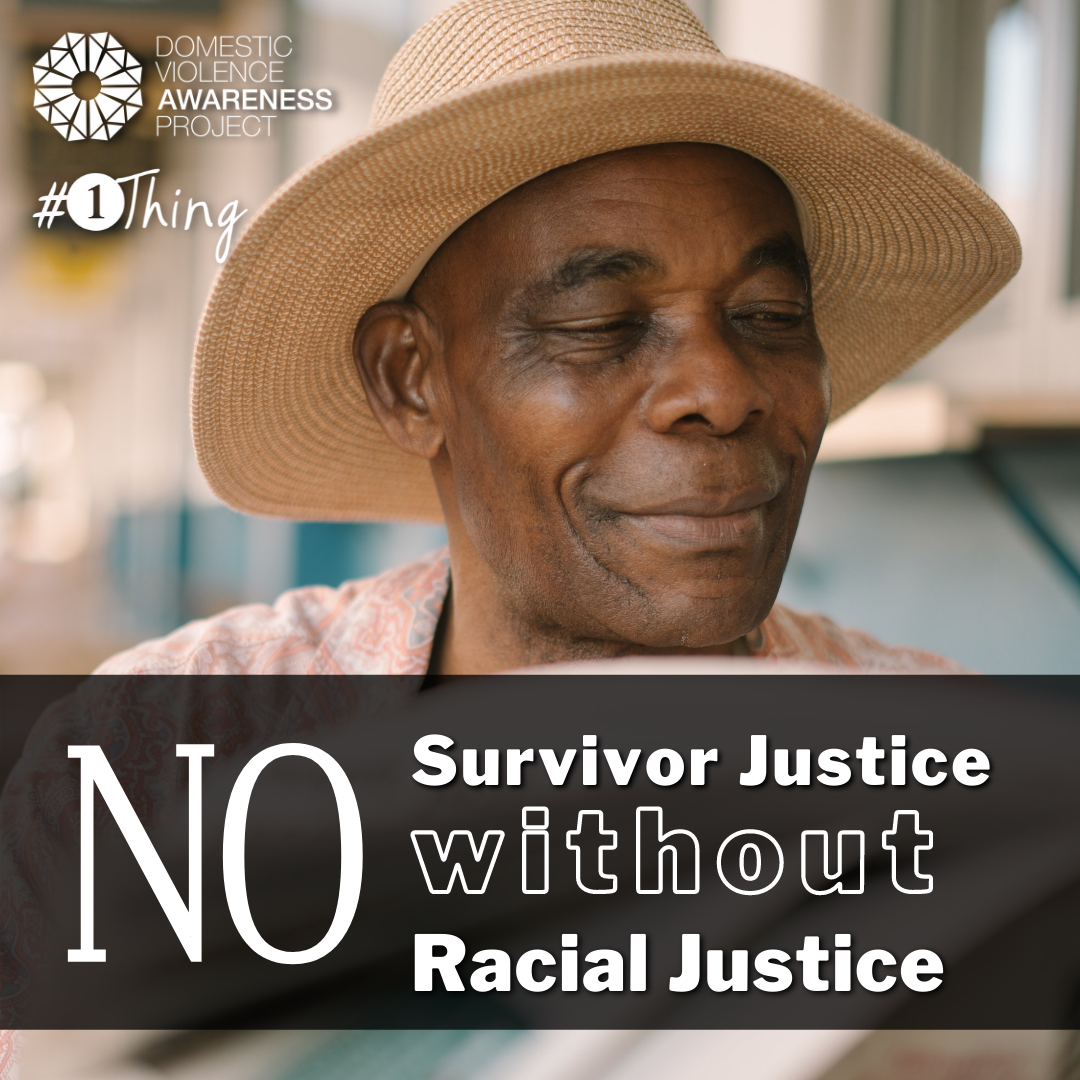​  No Survivor Justice without Racial Justice text overtop of an image of a man reading a news paper