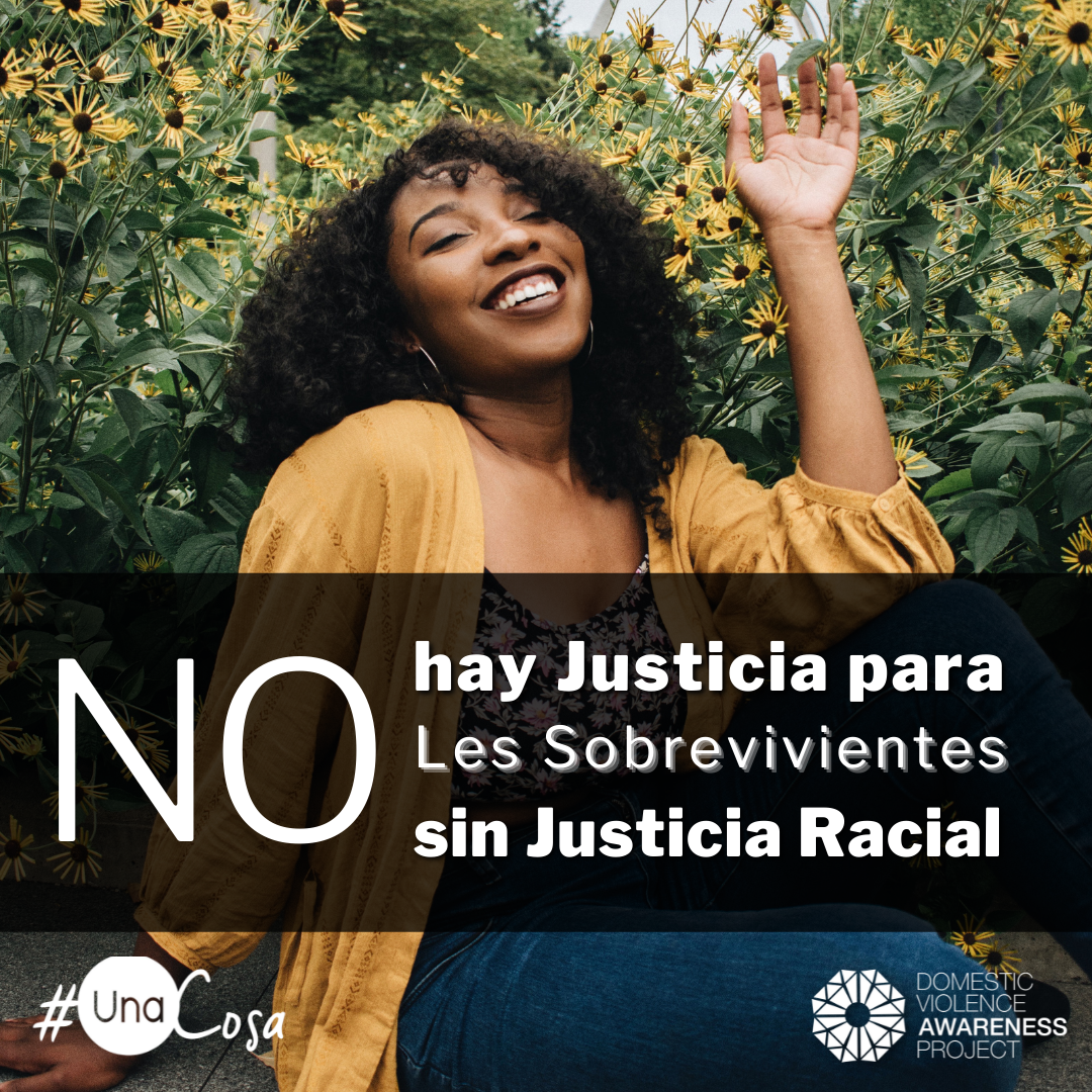 No Survivor Justice without Racial Justice text overtop of an image of a woman laugh