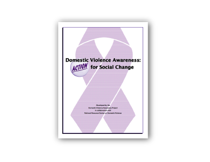 Domestic Violence Awareness: Action for Social Change manual cover. Featuring title & purple ribbon