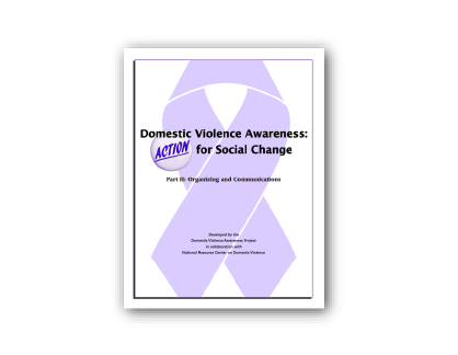 Domestic Violence Awareness: Action for Social Change Part 2 manual cover. Featuring title & purple ribbon