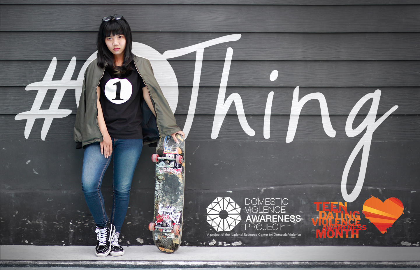 #1Thing logo imposed over image of skater girl