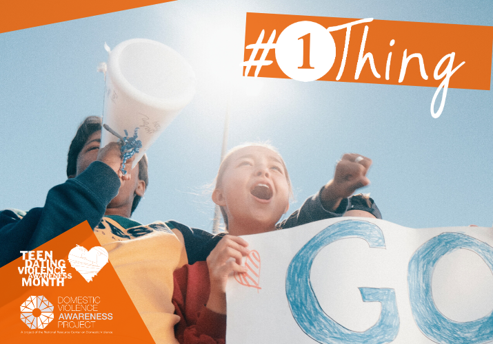 Two teens cheering with a megaphone #1thing